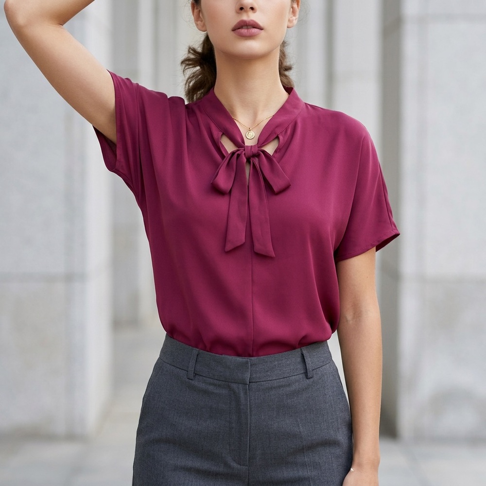 Verdusa Womens Tie Neck Short Sleeve Blouse Burgundy Wine Red Chiffon Top Size M